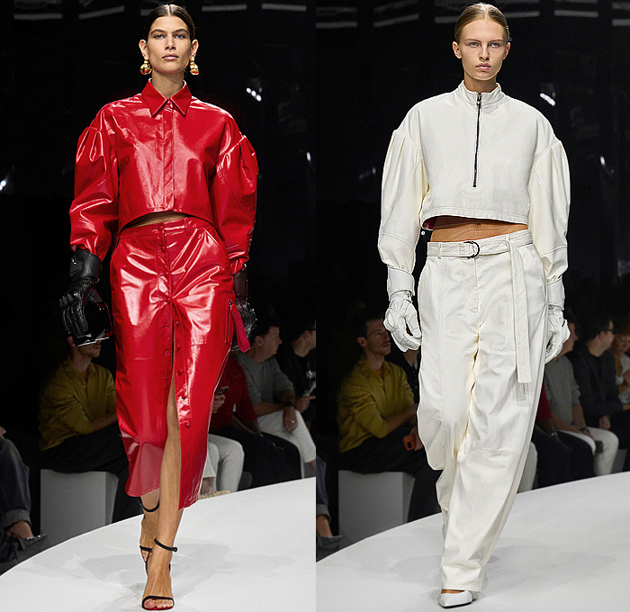 Ferrari 2024 Spring Summer Womens Runway Collection - Milan Fashion Week Italy - Power of Desire - Oversized Denim Jacket Jeans Crop Top Midriff Utility Pockets Cargo Pants Wide Leg Baggy Workwear Mechanic Suit Jumpsuit Coveralls Coat Wide Poufy Puff Sleeves Onesie Shirtdress Silk Satin Knit Ribbed Sweater Sweaterdress Bedazzled Crystals Dress Trapezoid Neck Leggings Tights Thigh High Gloves Gauntlet Sunglasses Shades Welding Glasses Handbag Lunch Bag