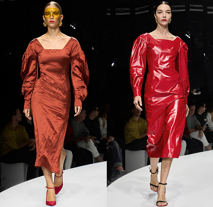 Ferrari 2024 Spring Summer Womens Runway Collection - Milan Fashion Week Italy - Power of Desire - Oversized Denim Jacket Jeans Crop Top Midriff Utility Pockets Cargo Pants Wide Leg Baggy Workwear Mechanic Suit Jumpsuit Coveralls Coat Wide Poufy Puff Sleeves Onesie Shirtdress Silk Satin Knit Ribbed Sweater Sweaterdress Bedazzled Crystals Dress Trapezoid Neck Leggings Tights Thigh High Gloves Gauntlet Sunglasses Shades Welding Glasses Handbag Lunch Bag