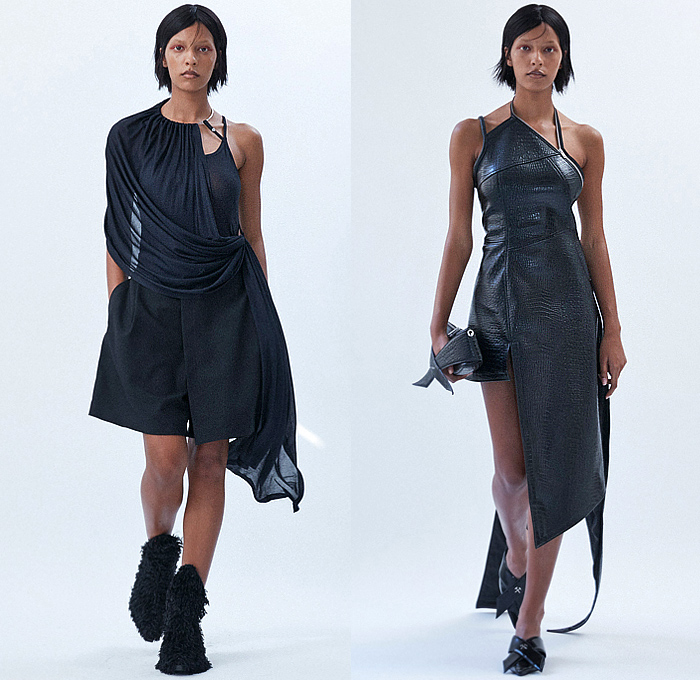 GmbH 2024 Spring Summer Womens Lookbook Presentation - Paris Fashion Week Femme PFW - Kurban Sacrifice - Sheer Draped Asymmetrical Halterneck Metal Ring Loop Choker One Shoulder Leather Zipper Dress Gown Cutout Waist Bustier Cross Wrap Concave Hem Blazer Jacket Blouse Shirt Onesie Unitard Jumpsuit Coveralls Bodycon Arabic Letters Abjad Alphabet Motorcycle Biker Pants Hotpants Cutoffs Shorts Fur Thigh High Boots Handbag