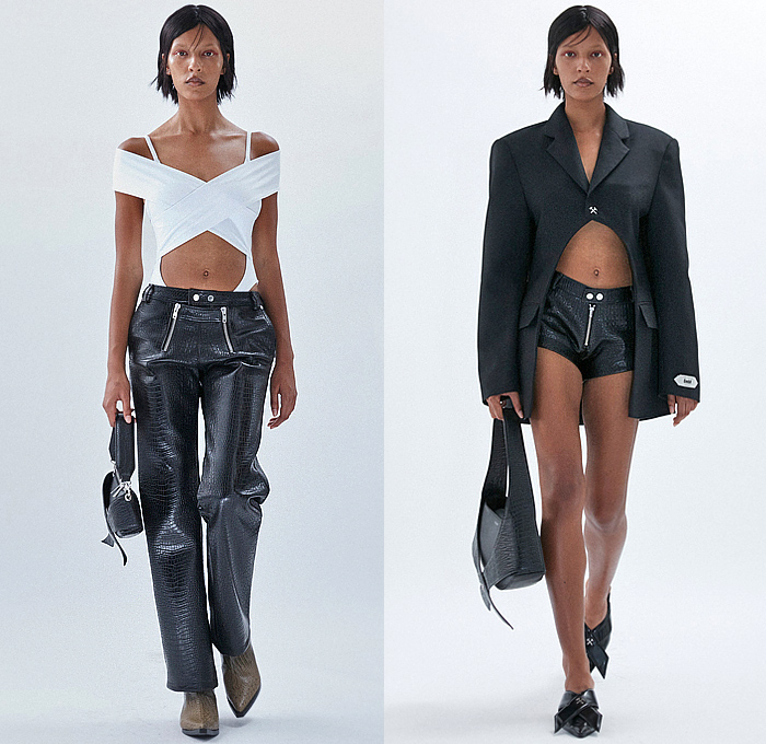 GmbH 2024 Spring Summer Womens Lookbook Presentation - Paris Fashion Week Femme PFW - Kurban Sacrifice - Sheer Draped Asymmetrical Halterneck Metal Ring Loop Choker One Shoulder Leather Zipper Dress Gown Cutout Waist Bustier Cross Wrap Concave Hem Blazer Jacket Blouse Shirt Onesie Unitard Jumpsuit Coveralls Bodycon Arabic Letters Abjad Alphabet Motorcycle Biker Pants Hotpants Cutoffs Shorts Fur Thigh High Boots Handbag