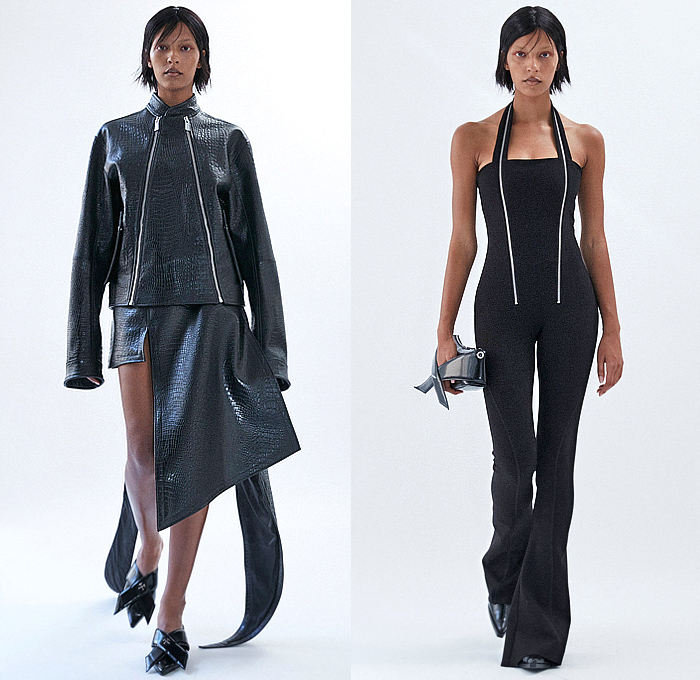 GmbH 2024 Spring Summer Womens Lookbook Presentation - Paris Fashion Week Femme PFW - Kurban Sacrifice - Sheer Draped Asymmetrical Halterneck Metal Ring Loop Choker One Shoulder Leather Zipper Dress Gown Cutout Waist Bustier Cross Wrap Concave Hem Blazer Jacket Blouse Shirt Onesie Unitard Jumpsuit Coveralls Bodycon Arabic Letters Abjad Alphabet Motorcycle Biker Pants Hotpants Cutoffs Shorts Fur Thigh High Boots Handbag