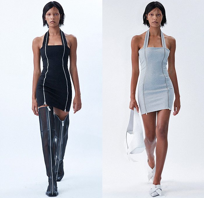 GmbH 2024 Spring Summer Womens Lookbook Presentation - Paris Fashion Week Femme PFW - Kurban Sacrifice - Sheer Draped Asymmetrical Halterneck Metal Ring Loop Choker One Shoulder Leather Zipper Dress Gown Cutout Waist Bustier Cross Wrap Concave Hem Blazer Jacket Blouse Shirt Onesie Unitard Jumpsuit Coveralls Bodycon Arabic Letters Abjad Alphabet Motorcycle Biker Pants Hotpants Cutoffs Shorts Fur Thigh High Boots Handbag