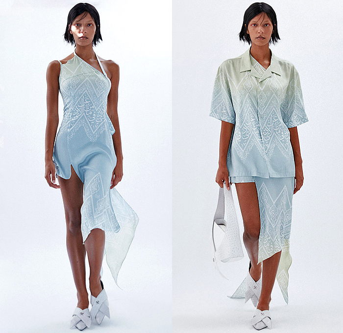 GmbH 2024 Spring Summer Womens Lookbook Presentation - Paris Fashion Week Femme PFW - Kurban Sacrifice - Sheer Draped Asymmetrical Halterneck Metal Ring Loop Choker One Shoulder Leather Zipper Dress Gown Cutout Waist Bustier Cross Wrap Concave Hem Blazer Jacket Blouse Shirt Onesie Unitard Jumpsuit Coveralls Bodycon Arabic Letters Abjad Alphabet Motorcycle Biker Pants Hotpants Cutoffs Shorts Fur Thigh High Boots Handbag