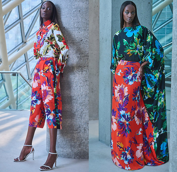 Greta Constantine 2024 Resort Cruise Pre-Spring Womens Lookbook - Trompe L'oeil Flowers Floral Blouse Long Sleeve Culottes Cropped Pants Furisode Full Skirt Draped Wide Leg Palazzo Pants Loungewear Vest Colorblock One Shoulder Bedazzled Sequins Embroidery Dress Gown Eveningwear Gold Strapless Cape Poufy Shoulders Puff Sleeves Oversized Bow Sheer Tulle Tiered Ruffles Heels