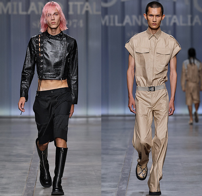 Iceberg 2024 Spring Summer Mens Lookbook Presentation - Milan Fashion Week Italy - Motorcycle Rider Jacket Moto Cargo Pants Patchwork Snakeskin Reptile Crocodile Vest Shorts Laces Crop Top Midriff Military Officer Shirt Pockets Zipper Half Vest Blazer Manskirt Kilt Holes Perforated PVC Vinyl Handbag Clutch Boots Biker Boots Clogs Mocassins