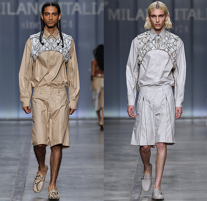 Iceberg 2024 Spring Summer Mens Lookbook Presentation - Milan Fashion Week Italy - Motorcycle Rider Jacket Moto Cargo Pants Patchwork Snakeskin Reptile Crocodile Vest Shorts Laces Crop Top Midriff Military Officer Shirt Pockets Zipper Half Vest Blazer Manskirt Kilt Holes Perforated PVC Vinyl Handbag Clutch Boots Biker Boots Clogs Mocassins