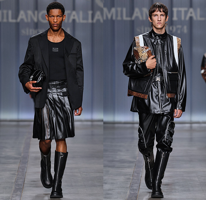 Iceberg 2024 Spring Summer Mens Lookbook Presentation - Milan Fashion Week Italy - Motorcycle Rider Jacket Moto Cargo Pants Patchwork Snakeskin Reptile Crocodile Vest Shorts Laces Crop Top Midriff Military Officer Shirt Pockets Zipper Half Vest Blazer Manskirt Kilt Holes Perforated PVC Vinyl Handbag Clutch Boots Biker Boots Clogs Mocassins