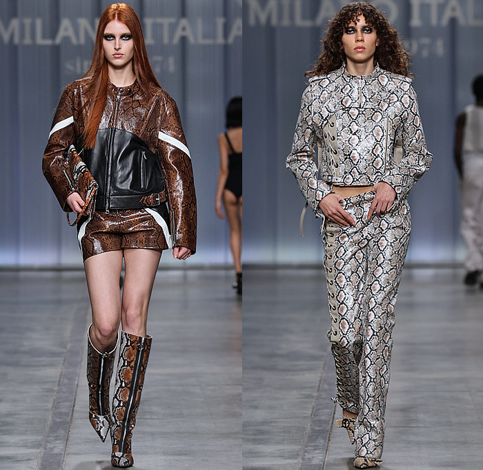 Iceberg 2024 Spring Summer Womens Runway Collection - Milano Moda Donna Collezione Milan Fashion Week Italy - Motorcycle Biker Moto Jacket Patchwork Snakeskin Crocodile Half Vest Crop Top Midriff Blouse Utility Pockets Laces Swimsuit Strings Trench Coat Zipper Halterneck Bralette Holes Accordion Pleats Knit Belts Straps Strings Fringes Cargo Shorts Handbag Gladiators Rider Boots