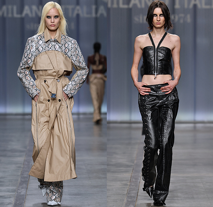 Iceberg 2024 Spring Summer Womens Runway Collection - Milano Moda Donna Collezione Milan Fashion Week Italy - Motorcycle Biker Moto Jacket Patchwork Snakeskin Crocodile Half Vest Crop Top Midriff Blouse Utility Pockets Laces Swimsuit Strings Trench Coat Zipper Halterneck Bralette Holes Accordion Pleats Knit Belts Straps Strings Fringes Cargo Shorts Handbag Gladiators Rider Boots