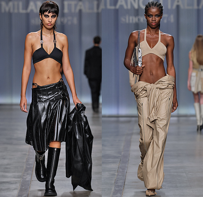 Iceberg 2024 Spring Summer Womens Runway Collection - Milano Moda Donna Collezione Milan Fashion Week Italy - Motorcycle Biker Moto Jacket Patchwork Snakeskin Crocodile Half Vest Crop Top Midriff Blouse Utility Pockets Laces Swimsuit Strings Trench Coat Zipper Halterneck Bralette Holes Accordion Pleats Knit Belts Straps Strings Fringes Cargo Shorts Handbag Gladiators Rider Boots