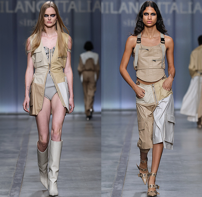 Iceberg 2024 Spring Summer Womens Runway Collection - Milano Moda Donna Collezione Milan Fashion Week Italy - Motorcycle Biker Moto Jacket Patchwork Snakeskin Crocodile Half Vest Crop Top Midriff Blouse Utility Pockets Laces Swimsuit Strings Trench Coat Zipper Halterneck Bralette Holes Accordion Pleats Knit Belts Straps Strings Fringes Cargo Shorts Handbag Gladiators Rider Boots