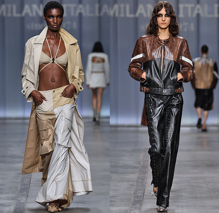 Iceberg 2024 Spring Summer Womens Runway Collection - Milano Moda Donna Collezione Milan Fashion Week Italy - Motorcycle Biker Moto Jacket Patchwork Snakeskin Crocodile Half Vest Crop Top Midriff Blouse Utility Pockets Laces Swimsuit Strings Trench Coat Zipper Halterneck Bralette Holes Accordion Pleats Knit Belts Straps Strings Fringes Cargo Shorts Handbag Gladiators Rider Boots