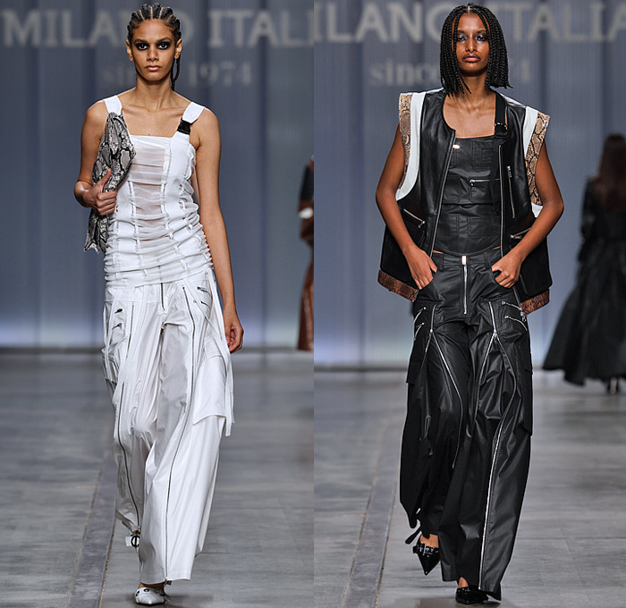 Iceberg 2024 Spring Summer Womens Runway Collection - Milano Moda Donna Collezione Milan Fashion Week Italy - Motorcycle Biker Moto Jacket Patchwork Snakeskin Crocodile Half Vest Crop Top Midriff Blouse Utility Pockets Laces Swimsuit Strings Trench Coat Zipper Halterneck Bralette Holes Accordion Pleats Knit Belts Straps Strings Fringes Cargo Shorts Handbag Gladiators Rider Boots