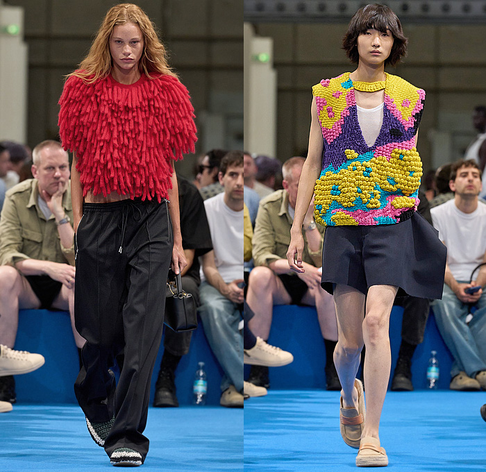 JW Anderson 2024 Resort Cruise Pre-Spring Womens Runway Looks - Milano Moda Uomo Primavera Estate - Yarn Balls Adorned Decorated Trompe L'oeil Knit Threads Fringes Blouse Pompoms Weave Plunging V-Neck Cutout Sleeveless Vest Flap Shorts Balloon Hem Mini Dress Pillows Padded Bodycon Pinstripe Stripes Ruffles Draped Wide Leg Jogger Sweatpants Track Pants Handbag