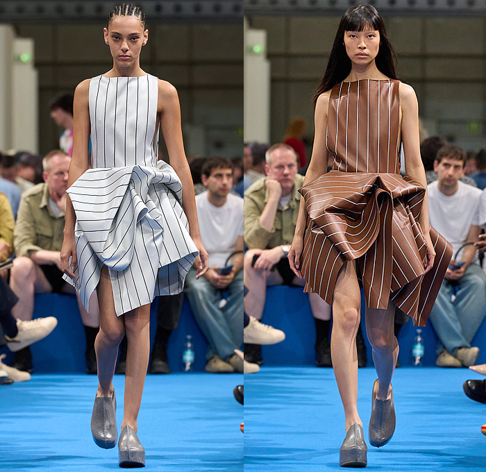 JW Anderson 2024 Resort Cruise Pre-Spring Womens Runway Looks - Milano Moda Uomo Primavera Estate - Yarn Balls Adorned Decorated Trompe L'oeil Knit Threads Fringes Blouse Pompoms Weave Plunging V-Neck Cutout Sleeveless Vest Flap Shorts Balloon Hem Mini Dress Pillows Padded Bodycon Pinstripe Stripes Ruffles Draped Wide Leg Jogger Sweatpants Track Pants Handbag