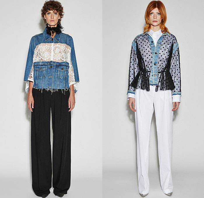 Lutz Huelle 2024 Spring Summer Womens Lookbook Presentation - Paris Fashion Week Femme PFW - Glow - Small Squares Chiffon Lace Embroidery Mesh Hybrid Deconstructed Patchwork Denim Jeans Blouse Frayed Raw Hem Pockets Sheer Tulle Polka Dots Bedazzled Sequins Crystals Beads Jacket Frills High Slit Skirt Asymmetrical Tweed Gold Silver Band Onesie Shirtdress Vest Stripes Hanging Sleeve Halterneck Draped Wide Leg Palazzo Pants