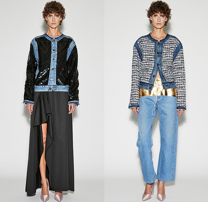 Lutz Huelle 2024 Spring Summer Womens Lookbook Presentation - Paris Fashion Week Femme PFW - Glow - Small Squares Chiffon Lace Embroidery Mesh Hybrid Deconstructed Patchwork Denim Jeans Blouse Frayed Raw Hem Pockets Sheer Tulle Polka Dots Bedazzled Sequins Crystals Beads Jacket Frills High Slit Skirt Asymmetrical Tweed Gold Silver Band Onesie Shirtdress Vest Stripes Hanging Sleeve Halterneck Draped Wide Leg Palazzo Pants