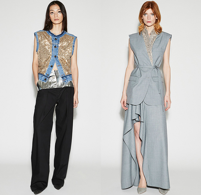 Lutz Huelle 2024 Spring Summer Womens Lookbook Presentation - Paris Fashion Week Femme PFW - Glow - Small Squares Chiffon Lace Embroidery Mesh Hybrid Deconstructed Patchwork Denim Jeans Blouse Frayed Raw Hem Pockets Sheer Tulle Polka Dots Bedazzled Sequins Crystals Beads Jacket Frills High Slit Skirt Asymmetrical Tweed Gold Silver Band Onesie Shirtdress Vest Stripes Hanging Sleeve Halterneck Draped Wide Leg Palazzo Pants