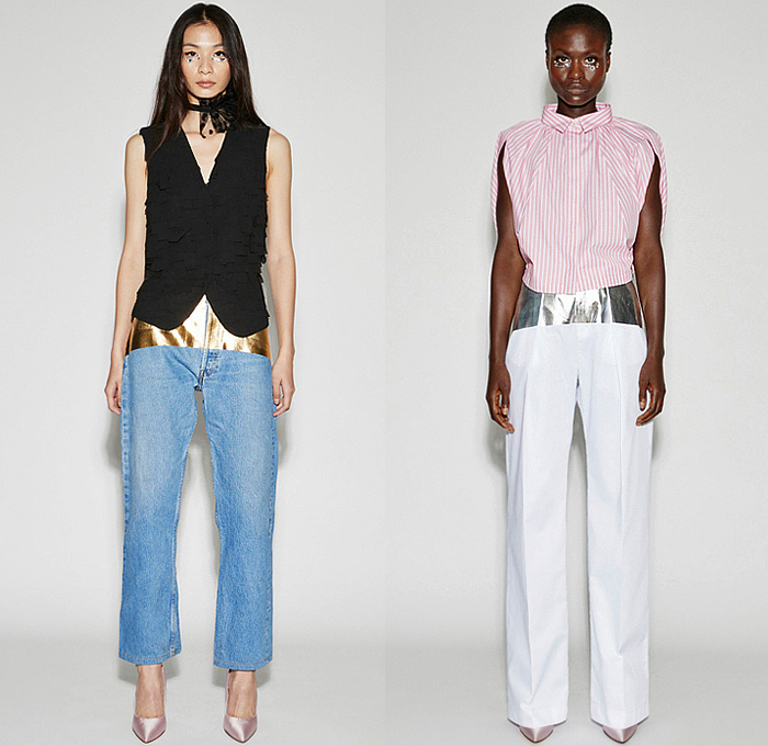 Lutz Huelle 2024 Spring Summer Womens Lookbook Presentation - Paris Fashion Week Femme PFW - Glow - Small Squares Chiffon Lace Embroidery Mesh Hybrid Deconstructed Patchwork Denim Jeans Blouse Frayed Raw Hem Pockets Sheer Tulle Polka Dots Bedazzled Sequins Crystals Beads Jacket Frills High Slit Skirt Asymmetrical Tweed Gold Silver Band Onesie Shirtdress Vest Stripes Hanging Sleeve Halterneck Draped Wide Leg Palazzo Pants