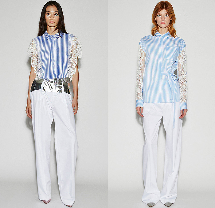 Lutz Huelle 2024 Spring Summer Womens Lookbook Presentation - Paris Fashion Week Femme PFW - Glow - Small Squares Chiffon Lace Embroidery Mesh Hybrid Deconstructed Patchwork Denim Jeans Blouse Frayed Raw Hem Pockets Sheer Tulle Polka Dots Bedazzled Sequins Crystals Beads Jacket Frills High Slit Skirt Asymmetrical Tweed Gold Silver Band Onesie Shirtdress Vest Stripes Hanging Sleeve Halterneck Draped Wide Leg Palazzo Pants