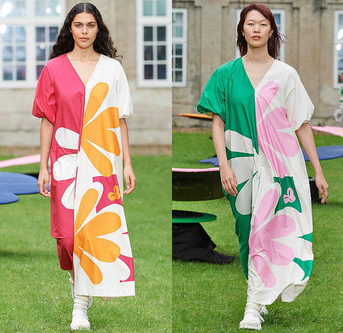 Marimekko 2024 Spring Summer Womens Runway Collection - Copenhagen Fashion Week Denmark CPHFW København - Unikko Iconic 1960s Sixties Print Design Flowers Floral Plants Maxi Shift Poplin Dress Shirtdress Colorblock Split Half Onesie Jumpsuit Coveralls Wide Leg Palazzo Pants Culottes Tank Top Shirt Blouse Tunic Silhouette Geometric Cap Sleeve Tabard Stripes Knit Sweater Shorts Lanyard Pouch Bag Socks Sandals