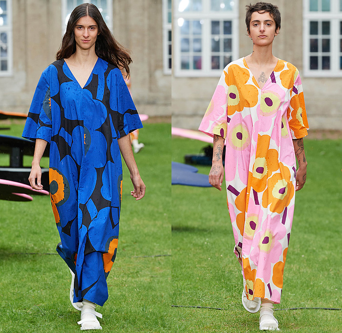 Marimekko 2024 Spring Summer Womens Runway Collection - Copenhagen Fashion Week Denmark CPHFW København - Unikko Iconic 1960s Sixties Print Design Flowers Floral Plants Maxi Shift Poplin Dress Shirtdress Colorblock Split Half Onesie Jumpsuit Coveralls Wide Leg Palazzo Pants Culottes Tank Top Shirt Blouse Tunic Silhouette Geometric Cap Sleeve Tabard Stripes Knit Sweater Shorts Lanyard Pouch Bag Socks Sandals