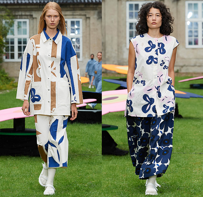 Marimekko 2024 Spring Summer Womens Runway Collection - Copenhagen Fashion Week Denmark CPHFW København - Unikko Iconic 1960s Sixties Print Design Flowers Floral Plants Maxi Shift Poplin Dress Shirtdress Colorblock Split Half Onesie Jumpsuit Coveralls Wide Leg Palazzo Pants Culottes Tank Top Shirt Blouse Tunic Silhouette Geometric Cap Sleeve Tabard Stripes Knit Sweater Shorts Lanyard Pouch Bag Socks Sandals