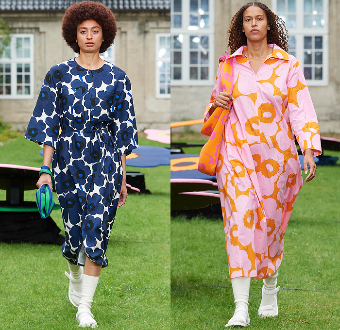 Marimekko 2024 Spring Summer Womens Runway Collection - Copenhagen Fashion Week Denmark CPHFW København - Unikko Iconic 1960s Sixties Print Design Flowers Floral Plants Maxi Shift Poplin Dress Shirtdress Colorblock Split Half Onesie Jumpsuit Coveralls Wide Leg Palazzo Pants Culottes Tank Top Shirt Blouse Tunic Silhouette Geometric Cap Sleeve Tabard Stripes Knit Sweater Shorts Lanyard Pouch Bag Socks Sandals