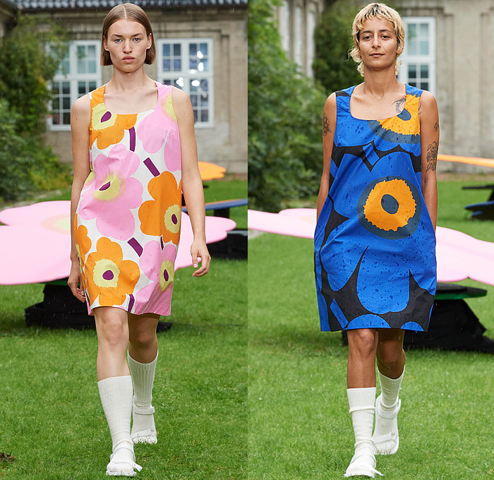 Marimekko 2024 Spring Summer Womens Runway Collection - Copenhagen Fashion Week Denmark CPHFW København - Unikko Iconic 1960s Sixties Print Design Flowers Floral Plants Maxi Shift Poplin Dress Shirtdress Colorblock Split Half Onesie Jumpsuit Coveralls Wide Leg Palazzo Pants Culottes Tank Top Shirt Blouse Tunic Silhouette Geometric Cap Sleeve Tabard Stripes Knit Sweater Shorts Lanyard Pouch Bag Socks Sandals