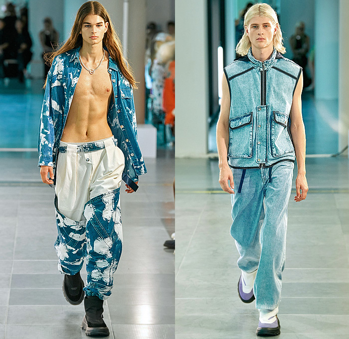 Mark Fast 2024 Spring Summer Mens Runway Collection - London Fashion Week LFW - Denim Jeans Paint Stained Pocket Hem Shirt Chaps Utility Vest Pockets Patchwork Jacket Workwear Stripes Shorts Knit Mesh Tank Top Sleeveless Crop Top Midriff Weave Cargo Pants Baggy Loose Wide Leg Fringes Pleats Culottes Boots