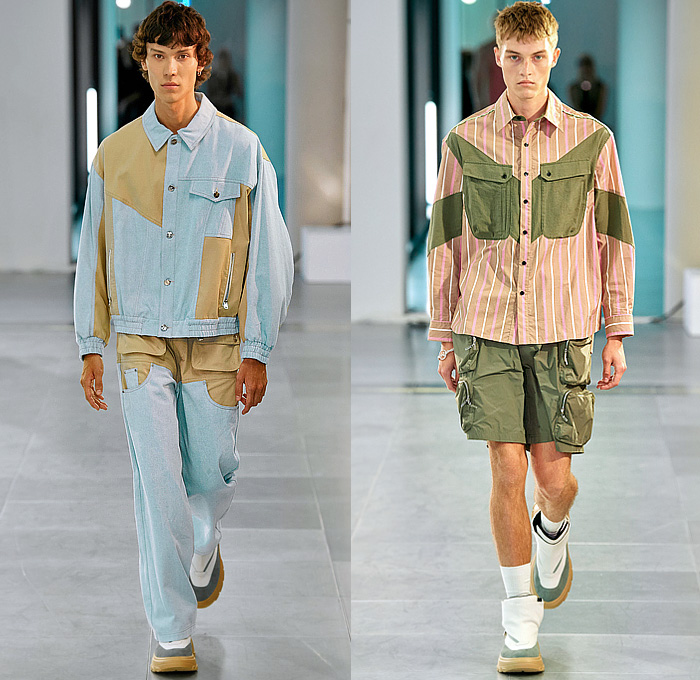 Mark Fast 2024 Spring Summer Mens Runway Collection - London Fashion Week LFW - Denim Jeans Paint Stained Pocket Hem Shirt Chaps Utility Vest Pockets Patchwork Jacket Workwear Stripes Shorts Knit Mesh Tank Top Sleeveless Crop Top Midriff Weave Cargo Pants Baggy Loose Wide Leg Fringes Pleats Culottes Boots