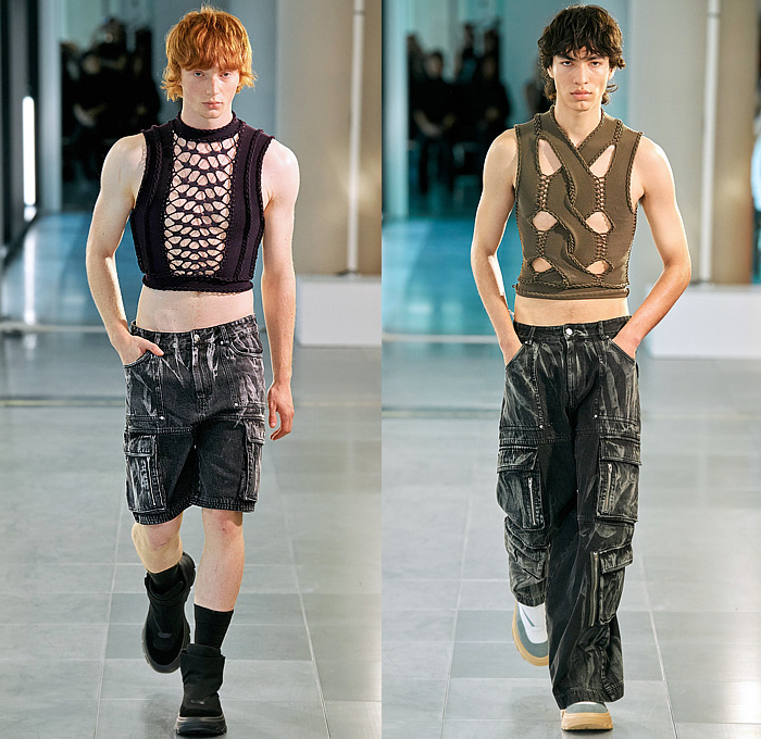 Mark Fast 2024 Spring Summer Mens Runway Collection - London Fashion Week LFW - Denim Jeans Paint Stained Pocket Hem Shirt Chaps Utility Vest Pockets Patchwork Jacket Workwear Stripes Shorts Knit Mesh Tank Top Sleeveless Crop Top Midriff Weave Cargo Pants Baggy Loose Wide Leg Fringes Pleats Culottes Boots