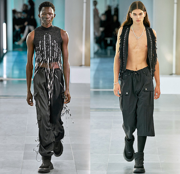 Mark Fast 2024 Spring Summer Mens Runway Collection - London Fashion Week LFW - Denim Jeans Paint Stained Pocket Hem Shirt Chaps Utility Vest Pockets Patchwork Jacket Workwear Stripes Shorts Knit Mesh Tank Top Sleeveless Crop Top Midriff Weave Cargo Pants Baggy Loose Wide Leg Fringes Pleats Culottes Boots