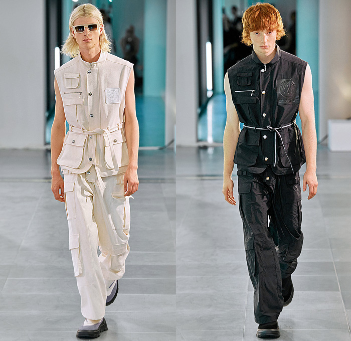 Mark Fast 2024 Spring Summer Mens Runway Collection - London Fashion Week LFW - Denim Jeans Paint Stained Pocket Hem Shirt Chaps Utility Vest Pockets Patchwork Jacket Workwear Stripes Shorts Knit Mesh Tank Top Sleeveless Crop Top Midriff Weave Cargo Pants Baggy Loose Wide Leg Fringes Pleats Culottes Boots