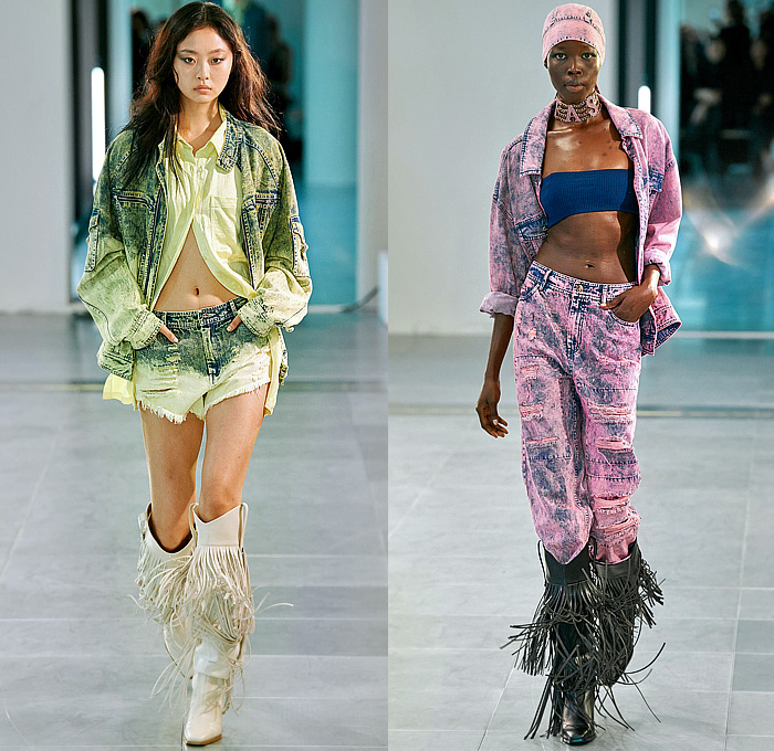 Mark Fast 2024 Spring Summer Womens Runway Collection - London Fashion Week LFW - Crop Top Midriff Knit Weave Mesh Fishnet Crochet Beads Fringes Color Dye Tie-Dye Denim Jeans Frayed Raw Hem Acid Wash Bleached Miniskirt Jacket Shorts Cutoffs Fringes Bandeau Cargo Pants Utility Pockets Coat Pinstripe Blazer Strap Pantsuit Wide Leg Halterneck Bandanna Handkerchief Hem Dress Tights Leggings Cross Knit Western Cowgirl Boots