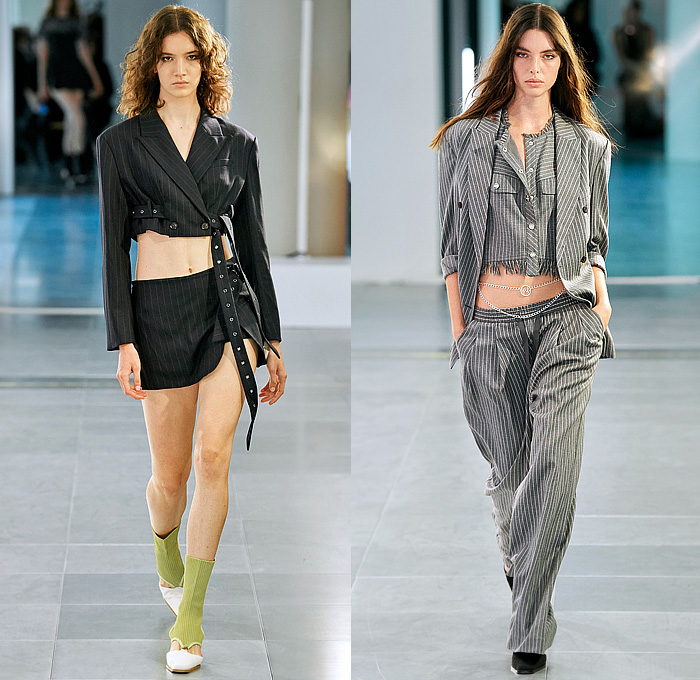 Mark Fast 2024 Spring Summer Womens Runway Collection - London Fashion Week LFW - Crop Top Midriff Knit Weave Mesh Fishnet Crochet Beads Fringes Color Dye Tie-Dye Denim Jeans Frayed Raw Hem Acid Wash Bleached Miniskirt Jacket Shorts Cutoffs Fringes Bandeau Cargo Pants Utility Pockets Coat Pinstripe Blazer Strap Pantsuit Wide Leg Halterneck Bandanna Handkerchief Hem Dress Tights Leggings Cross Knit Western Cowgirl Boots