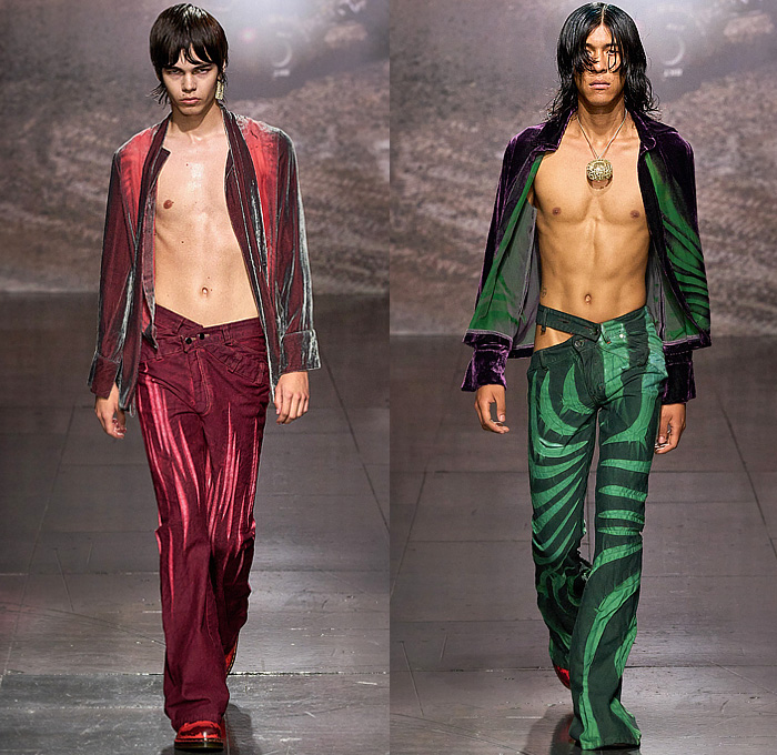 Masha Popova 2024 Spring Summer Mens Runway Collection - London Fashion Week LFW - Monster - Denim Jeans Color Dye Creases Shapes Stars Starfish Stripes Spiral Hypnotic Wheel Claw Marks Baggy Loose Wide Leg Boot Cut Flare Asymmetrical Deconstructed Cutout Waist Velvet Jacket Loungewear Dark Wash Boots