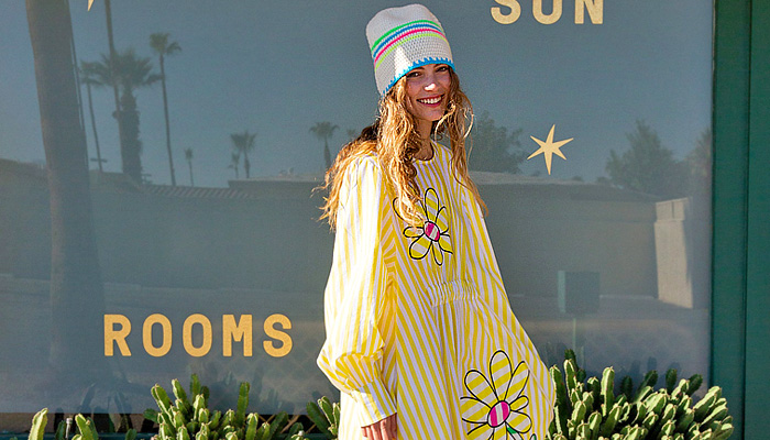 Mira Mikati 2024 Spring Summer Womens Lookbook - Paris Fashion Week Femme PFW - Colorful Stripes Knit Crochet Mesh Embroidery Cardigan Sweater Flowers Floral Plants Illustration Maxi Dress Shirtdress Sun Butterflies Rainbow Shorts Knit Cap Tassels Fringes Bedazzled Sequins Adorned Decorated Embellished Wide Leg Palazzo Pants Loungewear Basket Handbag Sandals