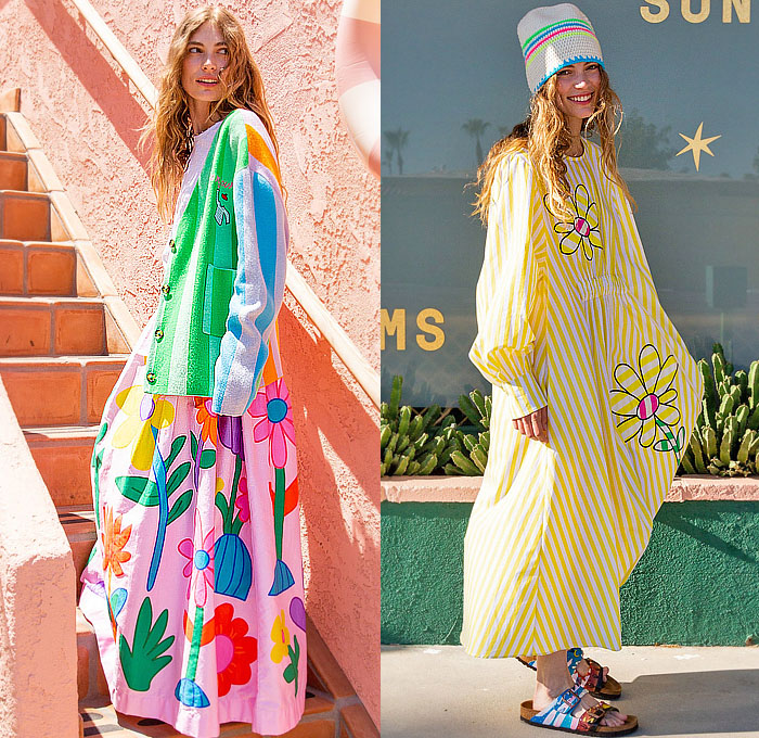 Mira Mikati 2024 Spring Summer Womens Lookbook - Paris Fashion Week Femme PFW - Colorful Stripes Knit Crochet Mesh Embroidery Cardigan Sweater Flowers Floral Plants Illustration Maxi Dress Shirtdress Sun Butterflies Rainbow Shorts Knit Cap Tassels Fringes Bedazzled Sequins Adorned Decorated Embellished Wide Leg Palazzo Pants Loungewear Basket Handbag Sandals