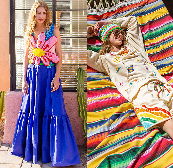 Mira Mikati 2024 Spring Summer Womens Lookbook - Paris Fashion Week Femme PFW - Colorful Stripes Knit Crochet Mesh Embroidery Cardigan Sweater Flowers Floral Plants Illustration Maxi Dress Shirtdress Sun Butterflies Rainbow Shorts Knit Cap Tassels Fringes Bedazzled Sequins Adorned Decorated Embellished Wide Leg Palazzo Pants Loungewear Basket Handbag Sandals