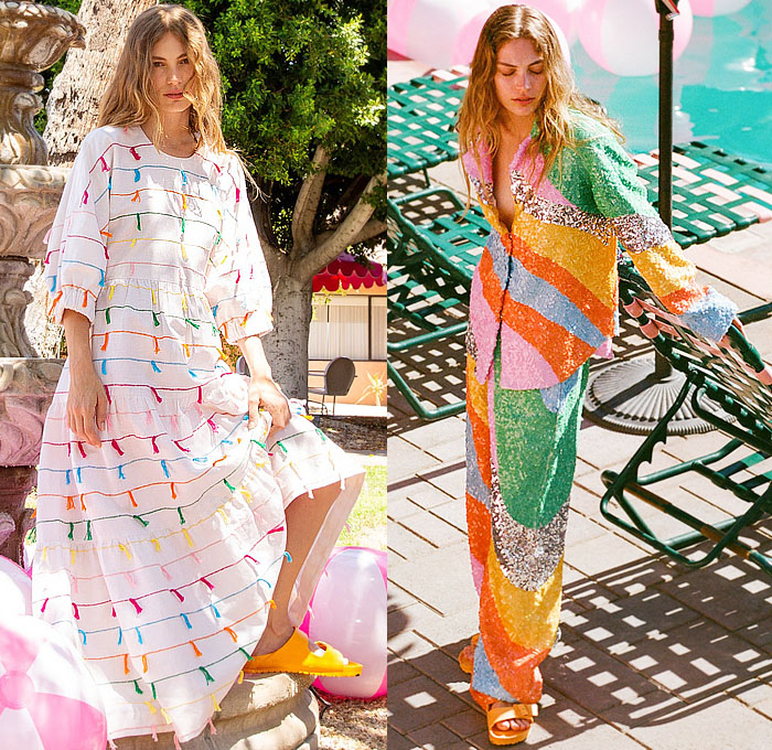 Mira Mikati 2024 Spring Summer Womens Lookbook - Paris Fashion Week Femme PFW - Colorful Stripes Knit Crochet Mesh Embroidery Cardigan Sweater Flowers Floral Plants Illustration Maxi Dress Shirtdress Sun Butterflies Rainbow Shorts Knit Cap Tassels Fringes Bedazzled Sequins Adorned Decorated Embellished Wide Leg Palazzo Pants Loungewear Basket Handbag Sandals