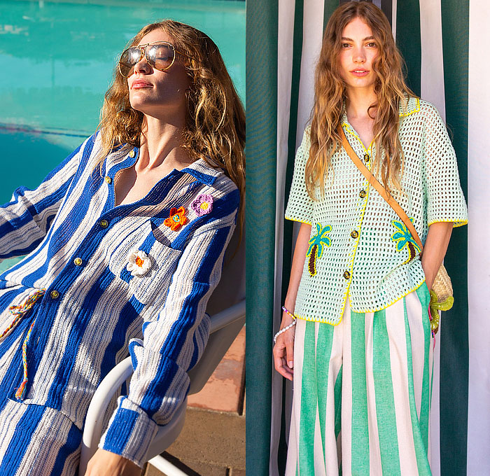 Mira Mikati 2024 Spring Summer Womens Lookbook - Paris Fashion Week Femme PFW - Colorful Stripes Knit Crochet Mesh Embroidery Cardigan Sweater Flowers Floral Plants Illustration Maxi Dress Shirtdress Sun Butterflies Rainbow Shorts Knit Cap Tassels Fringes Bedazzled Sequins Adorned Decorated Embellished Wide Leg Palazzo Pants Loungewear Basket Handbag Sandals