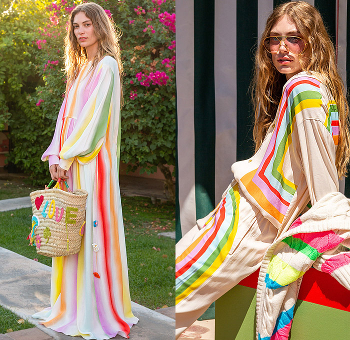 Mira Mikati 2024 Spring Summer Womens Lookbook - Paris Fashion Week Femme PFW - Colorful Stripes Knit Crochet Mesh Embroidery Cardigan Sweater Flowers Floral Plants Illustration Maxi Dress Shirtdress Sun Butterflies Rainbow Shorts Knit Cap Tassels Fringes Bedazzled Sequins Adorned Decorated Embellished Wide Leg Palazzo Pants Loungewear Basket Handbag Sandals