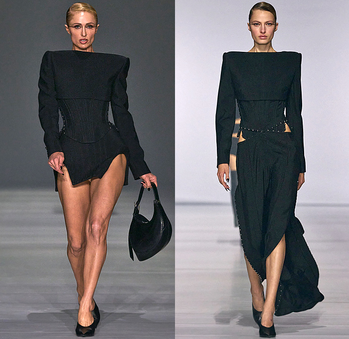 Mugler 2024 Spring Summer Womens Runway Collection - Paris Fashion Week Femme PFW - Casey Cadwallader - Sea Creatures - Leotard Blazer Onesie Bodysuit Catsuit Jumpsuit Unitard Sheer Tulle Boxy Frankenstein Shoulders Corset Draped Denim Jeans Trucker Jacket Padded MiniSkirt Crop Top Midriff Spray Paint Sash Patchwork Dots Wrapped Cutout Shorts Fringes Dress Gown Acrylic Plastic Sculpture Armor Breastplate Hand-Knitted Nails Bedazzled Sequins Wires Antennae Strapless Tights Boots