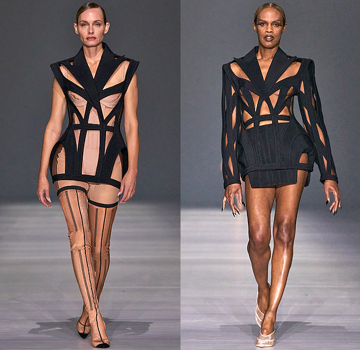 Mugler 2024 Spring Summer Womens Runway Collection - Paris Fashion Week Femme PFW - Casey Cadwallader - Sea Creatures - Leotard Blazer Onesie Bodysuit Catsuit Jumpsuit Unitard Sheer Tulle Boxy Frankenstein Shoulders Corset Draped Denim Jeans Trucker Jacket Padded MiniSkirt Crop Top Midriff Spray Paint Sash Patchwork Dots Wrapped Cutout Shorts Fringes Dress Gown Acrylic Plastic Sculpture Armor Breastplate Hand-Knitted Nails Bedazzled Sequins Wires Antennae Strapless Tights Boots