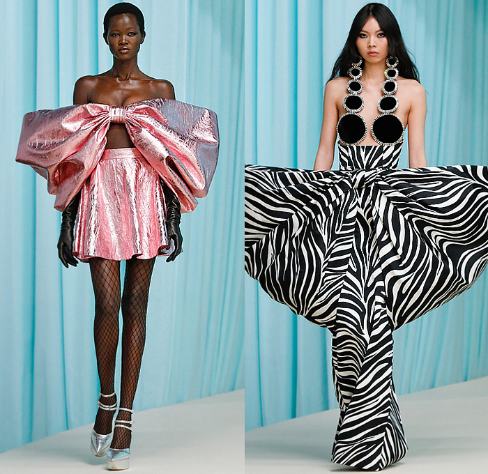 Nina Ricci 2024 Spring Summer Womens Runway Collection - Paris Fashion Week Femme PFW - Ruffles Taffeta Giant Bows Sequins Crystals Mesh Cutout Shoulders Puff Ball Poufy Sleeves Polka Dots Sheer Tulle Feathers Denim Jeans Crop Top Midriff Punctures Holes Animalier Leopard Snakeskin Zebra Fishnet Stockings Opera Gloves Dress Gown Eveningwear Blazer Pantsuit Bralette Wide Lapel Trench Coat Head Scarf Strapless Mullet High-Low Hem Tweed Metallic Foil Miniskirt