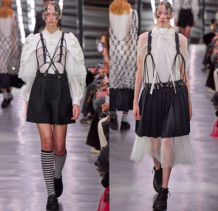 Noir Kei Ninomiya 2024 Spring Summer Womens Runway Collection - Paris Fashion Week PFW - Keen Rope Braid Mesh Medieval Helmet Vest Clips Harness Suspenders Brace Loops Rings Sheer Tulle Tutu Ruffles Frills Sculpture Voluminous Straps Belts Poufy Shoulders Blouse Shorts Stripes Accordion Pleats Miniskirt Bell Sleeves Wide Leg Detachable Cross Hatch Fringes Puritan Collar Metallic Crystals Spikes Dress Strapless Puff Ball Branches Leaves Wires Lace Coils Boots Loafers Tassels 