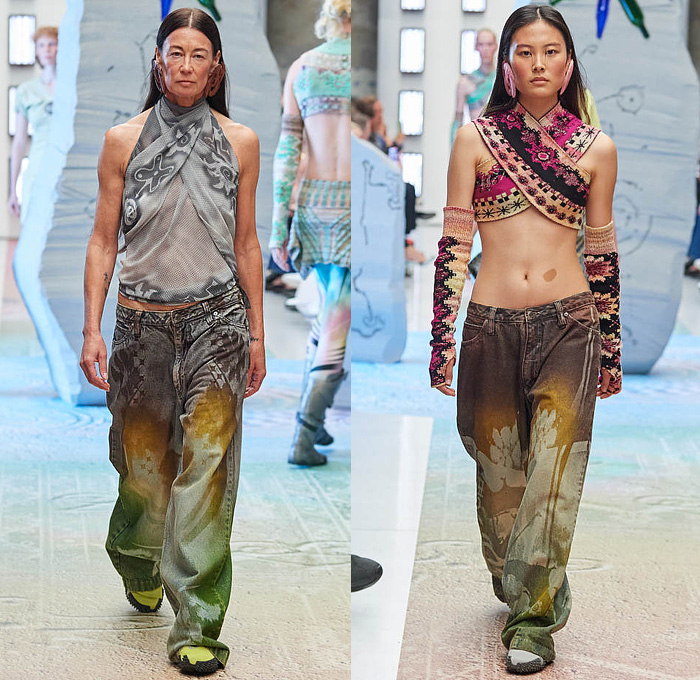 Paolina Russo 2024 Spring Summer Womens Runway Collection Lookbook Presentation - Copenhagen Fashion Week Denmark CPHFW København - Monolithics Tribal Sleeveless Tank Top Halterneck Crop Top Midriff Arm Warmers Cinch Strings Heirlooms Colored Denim Jeans Stars Shorts Dress Bicycle Shorts Tights Leggings Corset Bustier Bodice Swimsuit Slouchy Wide Leg Baggy Loose Air Brush Weave Knit Warrior Skirt Motorcycle Biker Combat Boots