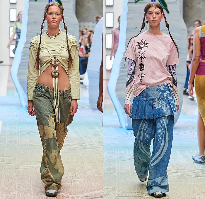 Paolina Russo 2024 Spring Summer Womens Runway Collection Lookbook Presentation - Copenhagen Fashion Week Denmark CPHFW København - Monolithics Tribal Sleeveless Tank Top Halterneck Crop Top Midriff Arm Warmers Cinch Strings Heirlooms Colored Denim Jeans Stars Shorts Dress Bicycle Shorts Tights Leggings Corset Bustier Bodice Swimsuit Slouchy Wide Leg Baggy Loose Air Brush Weave Knit Warrior Skirt Motorcycle Biker Combat Boots