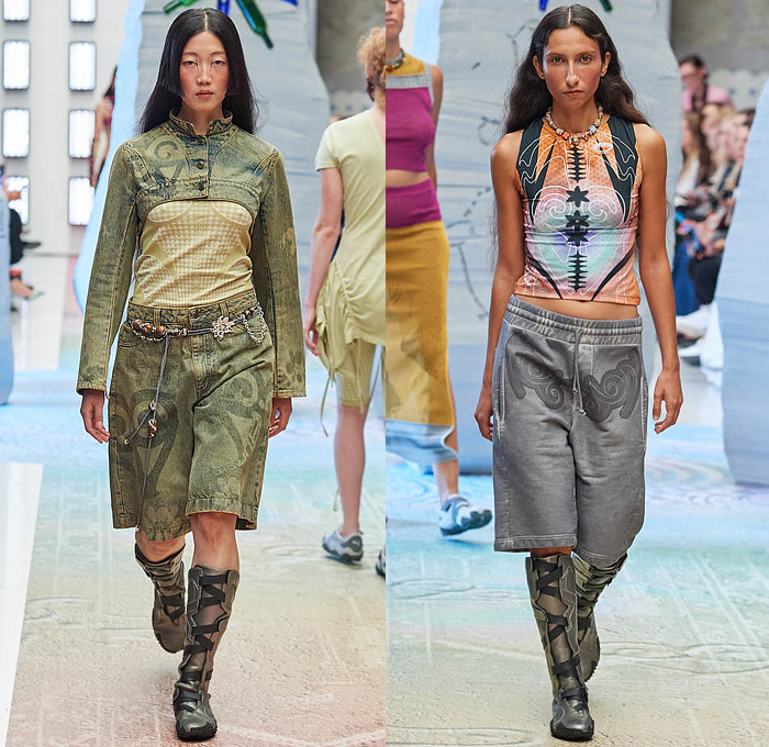 Paolina Russo 2024 Spring Summer Womens Runway Collection Lookbook Presentation - Copenhagen Fashion Week Denmark CPHFW København - Monolithics Tribal Sleeveless Tank Top Halterneck Crop Top Midriff Arm Warmers Cinch Strings Heirlooms Colored Denim Jeans Stars Shorts Dress Bicycle Shorts Tights Leggings Corset Bustier Bodice Swimsuit Slouchy Wide Leg Baggy Loose Air Brush Weave Knit Warrior Skirt Motorcycle Biker Combat Boots